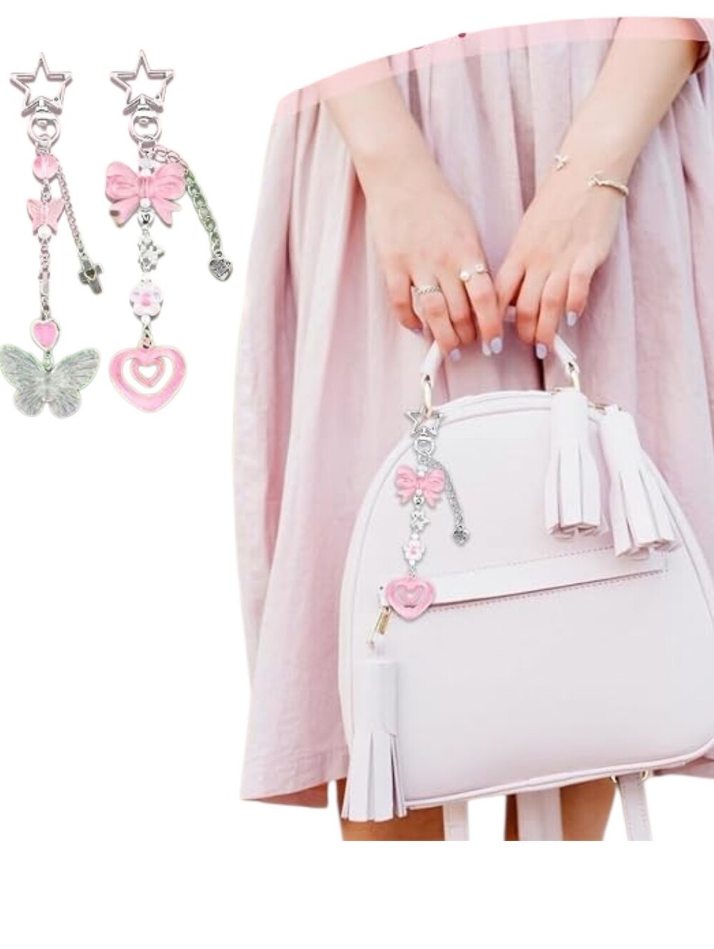 Pink Coquette Y2K Keychain Set Butterfly Heart Bow Bag Charm 2pc - Picture 8 of 8